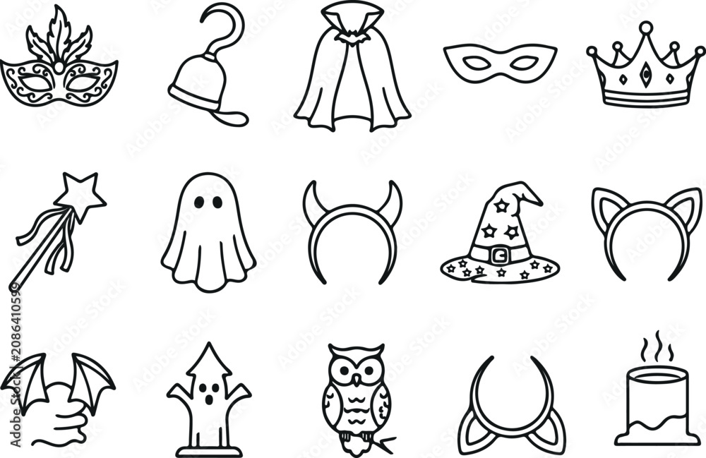Obraz premium Costume Party and Halloween Accessories Icon Set - Hand Drawn Mask Cape and Witch Hat Doodles