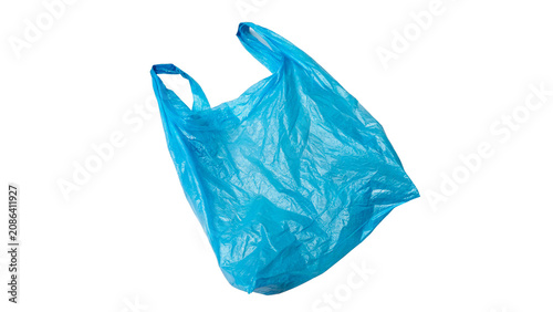 Single crumpled blue plastic shopping trash bag isolated on a transparent background