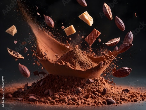 Dynamic Explosion of Rich Cocoa Powder and Gourmet Chocolate Pieces