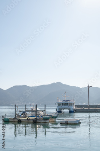 A ferry and small boats anchored in a serene Japanese coastal harbor