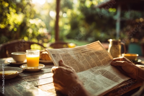 Hands holding a vintage paper newspaper, reading at a garden table with breakfast, sunlight illuminating the paper texture, digital detox concept