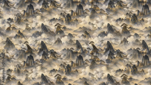 Toraja Mountain Peak and Clouds Batik Seamless Pattern, Luxury Indonesian Cultural Background