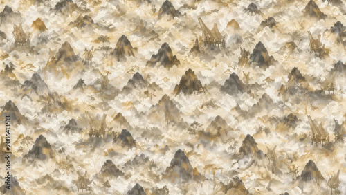 Toraja Tongkonan House and Misty Mountain Seamless Pattern, Traditional Indonesian Cultural Background