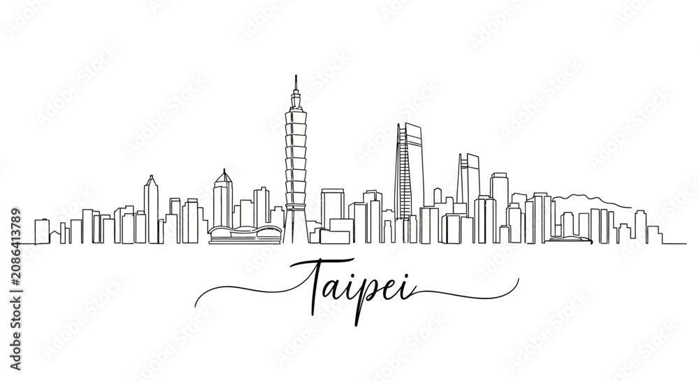 Obraz premium Taipei skyline outline drawing, iconic cityscape sketch, modern architecture