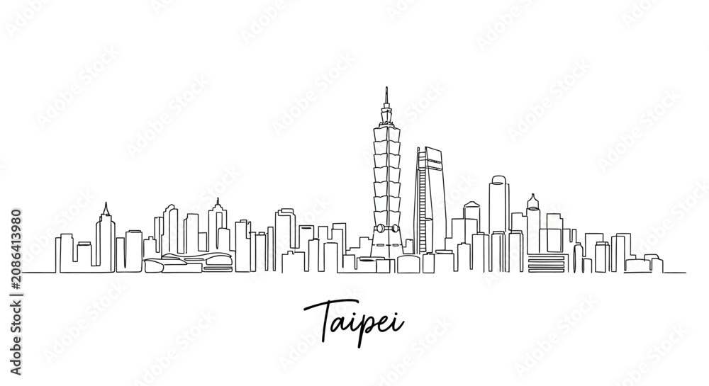 Obraz premium Taipei City Skyline Illustration: Modern Urban Architecture, Line Art