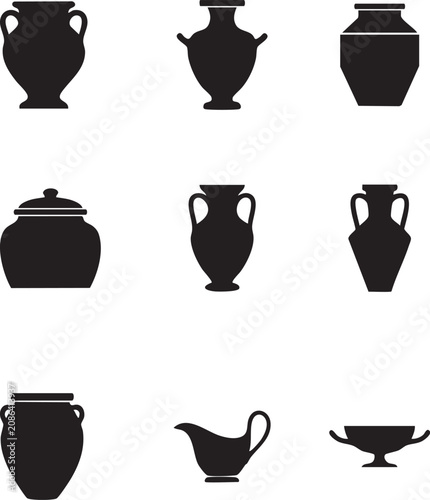Amphora Collection of Black Ancient Vase Silhouettes, pottery, ceramic, vessel, icon, antique