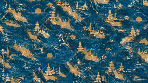 Luxury Balinese Temple Seamless Pattern with Ocean Wave Motifs and Golden Accents