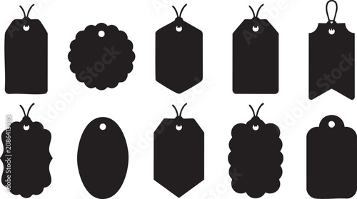 Tags Black silhouette collection of diverse retail label shapes, labels, price, marketing, shopping, gift