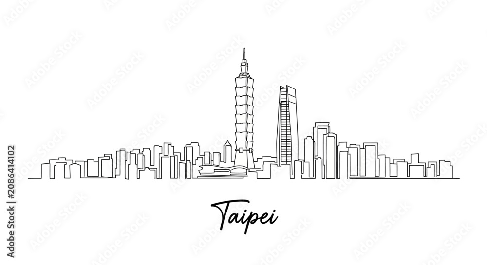 Obraz premium Taipei City Skyline Illustration, Single Line Drawing, Minimalist Art