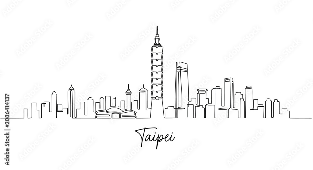 Obraz premium Taipei City Skyline in Outline Drawing Style, White Background