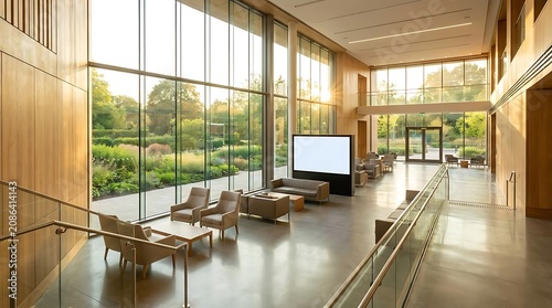 Modern lobby with large windows and natural light