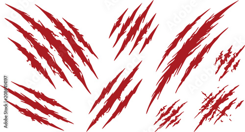 Scratches red monster claw marks on white background, blood, animal, predator, beast, damage