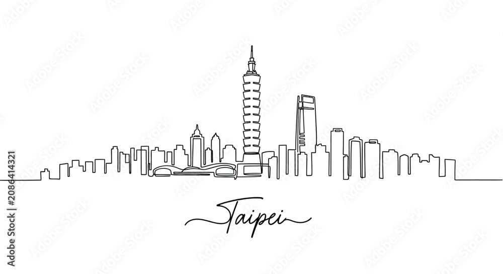 Obraz premium Taipei City Skyline One Line Drawing, Taiwan, Outline
