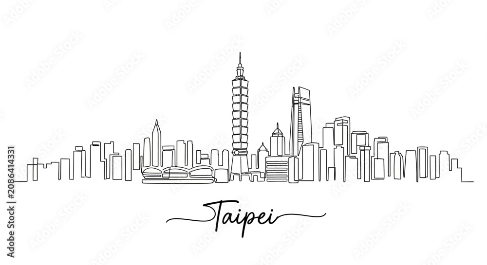 Obraz premium Taipei City Skyline One Line Drawing, Urban Illustration, Taiwan Landmark