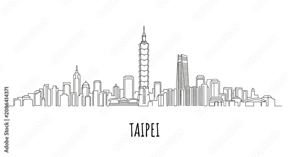 Obraz premium Taipei Cityline: Drawn Skyline of Taiwan's Capital Against White