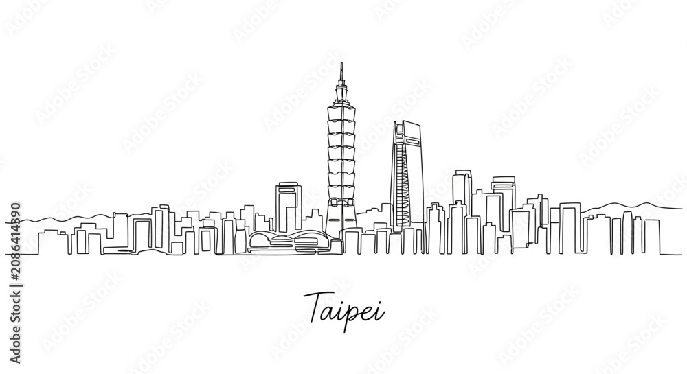 Obraz premium Taipei Cityscape Continuous Line Art Drawing, Minimalist Architecture