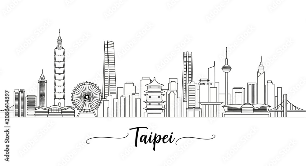 Obraz premium Taipei Cityline Skyline, Minimalist Illustration, Monochrome Design