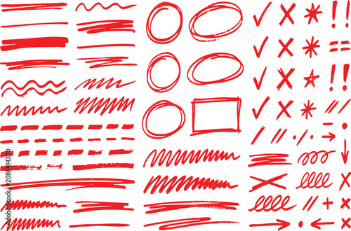 Scribble hand drawn red marker strokes and symbols, checkmark, circle, underline, highlight, ink
