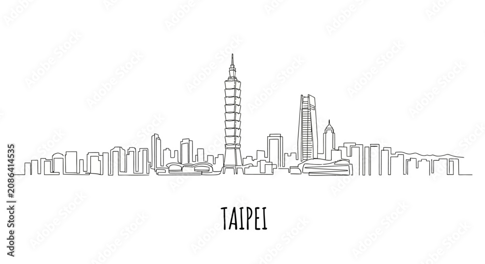 Obraz premium Taipei Skyline Illustration: Black Line Art of Cityscape