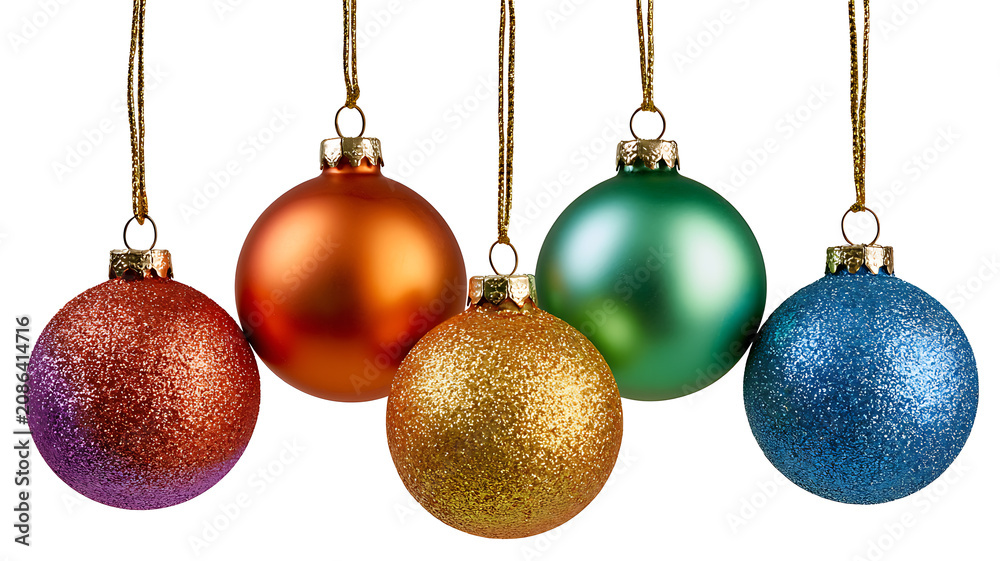 Obraz premium Colorful christmas ornaments hanging from gold strings on white background
