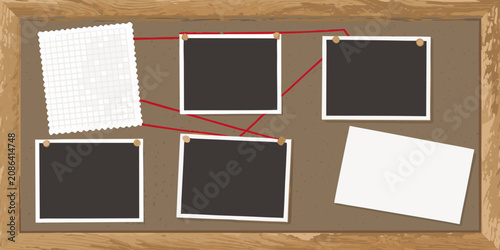 Canvas-taulu Corkboard With Photographs And Strings Vector Illustration