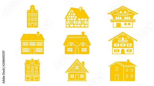 Obraz na płótnie Set of Yellow House Icons: European Architectural Styles Isolated on White