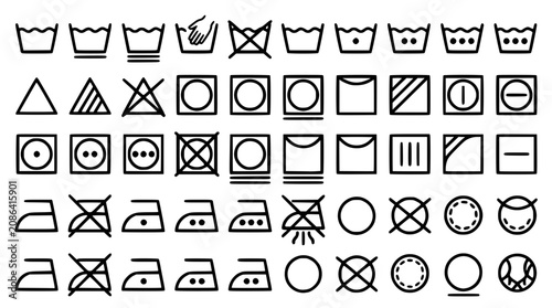 Black and white vector graphic illustration of laundry care symbols