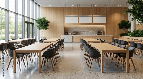 Modern office break room with dining tables and kitchenette area