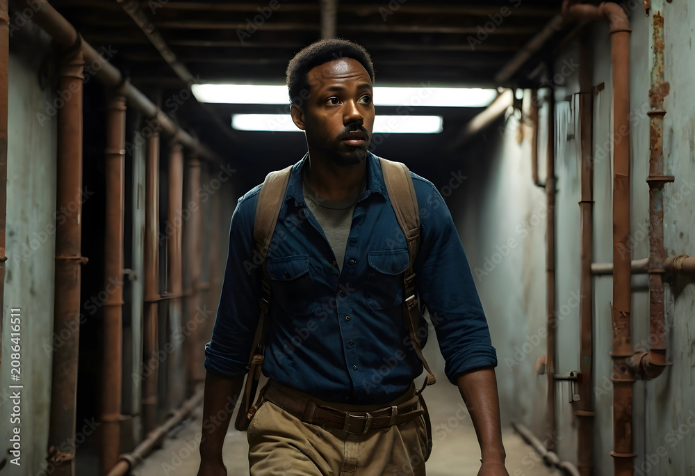 Fototapeta premium Curious man exploring rusty industrial bunker corridor
