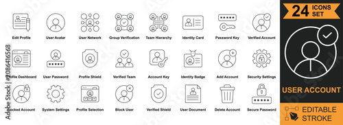 User Account Icon Set. Containing edit profile, user avatar, user network, group verification, team hierarchy, identity card, password security, verified account, dashboard, editable stroke vector