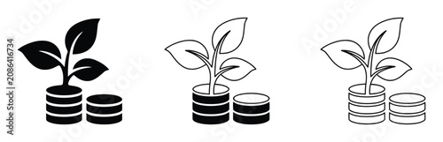 Yield Farming and Investment Growth Concept. Money plant growing in a pot icon set representing financial growth and investment in three styles. 