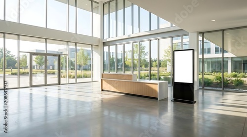 Modern office lobby with natural light and digital display