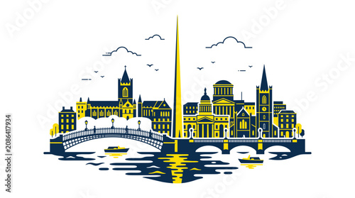 Fotografía Dublin Skyline Illustration, River Liffey, Ha'penny Bridge, Modern Art