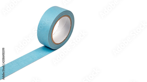 Fotografie Roll of pastel blue adhesive masking tape unrolling isolated on transparent back