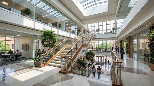 Modern office building interior with staircase and natural light