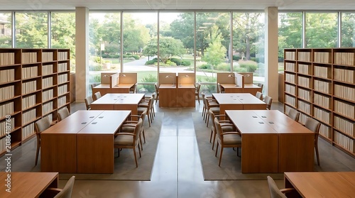 Spacious academic library interior with reading tables and large windows