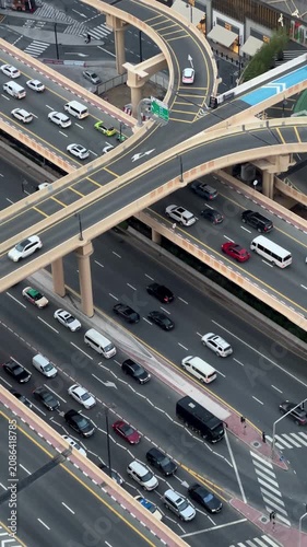 Urban infrastructure. Multi-level highway interchange with cars driving along curved flyovers and multi-lane asphalt roads in Dubai, United Arab Emirates.