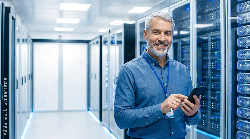 Fototapeta premium Business Engineer in Data Center with Copy Space