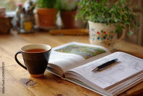 Wooden table with open gardening book or catalog, mug of hot tea, pen and rough sketch of garden beds, winter planning evening 