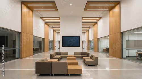 Modern office lobby with seating area and large screen