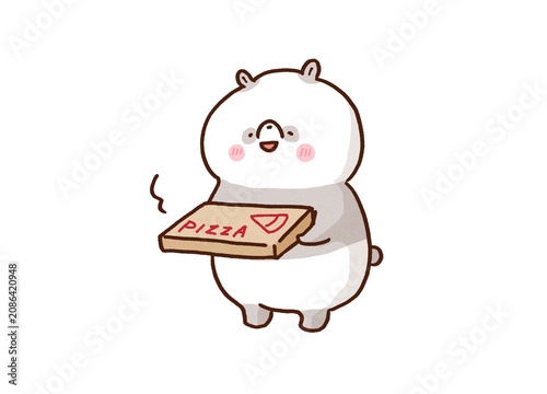 Obraz na plátně Panda holding a pizza box with a happy expression, food delivery or rewarding me