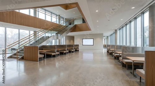 Modern office interior with cafeteria and staircase area