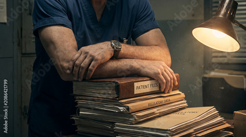 The Data Grind: Close-Up of a Healthcare Worker's Sleeves Resting on a Massive Stack of Office Paperwork
