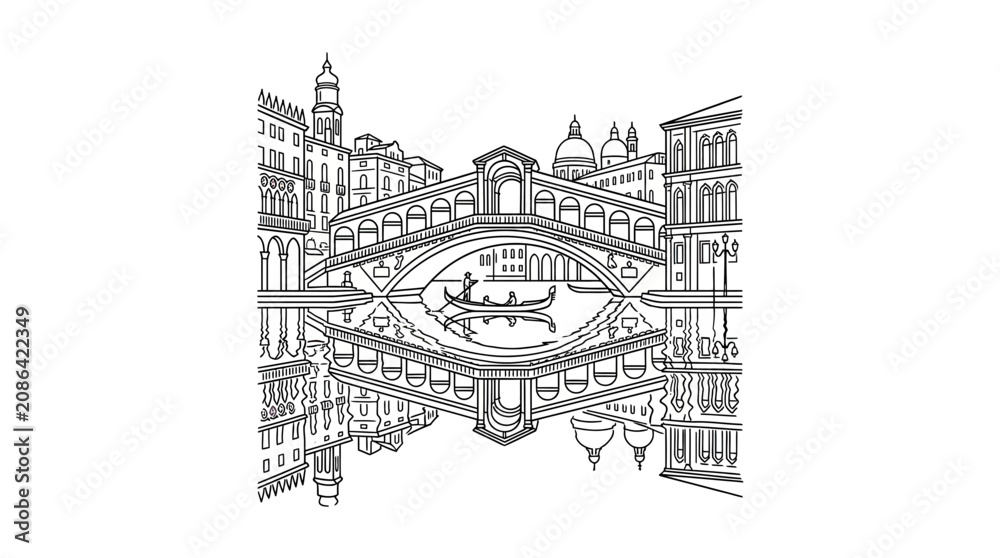Fototapeta premium Venice Rialto Bridge Outline Reflection Drawing, Gondola on Canal