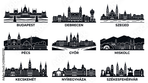 Vászonkép Hungarian City Skylines Silhouettes: Budapest, Debrecen, Szeged, Pecs, Gyor, Mis