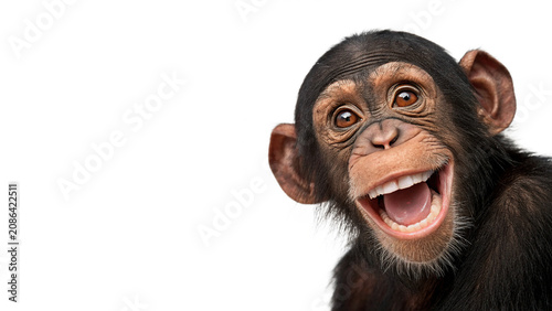 Photography Funny small furry baby chimpanzee monkey laughing happily in profile isolated on