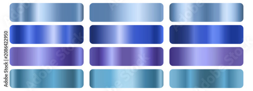 Blue and purple metal gradient swatch set. Cobalt, indigo, violet, lavender, teal foil shades. Glossy horizontal bands. For badge, label, banner, button. Vector metallic texture palette.