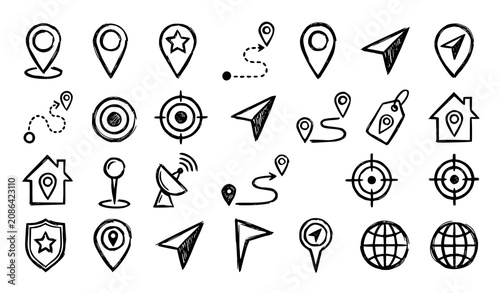 Canvas Print Sketch Map Pin and Navigation Marker Icon Bundle with Hand Drawn GPS Symbols