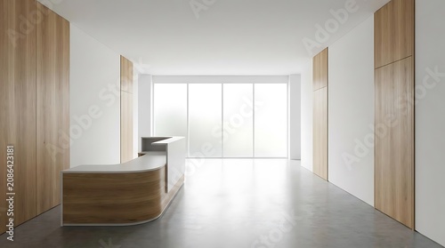 Modern office reception area with minimalist design and natural light