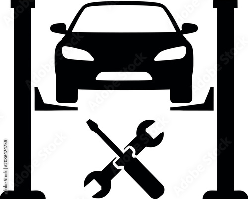 Car on lift with crossed wrenches repair icon illustration